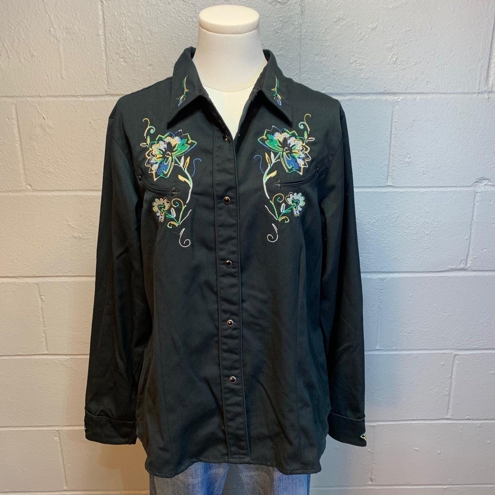 Roper Western Shirt Black Embroidered Floral Pearl Snap Long Sleeve Women's XL - Picture 2 of 8